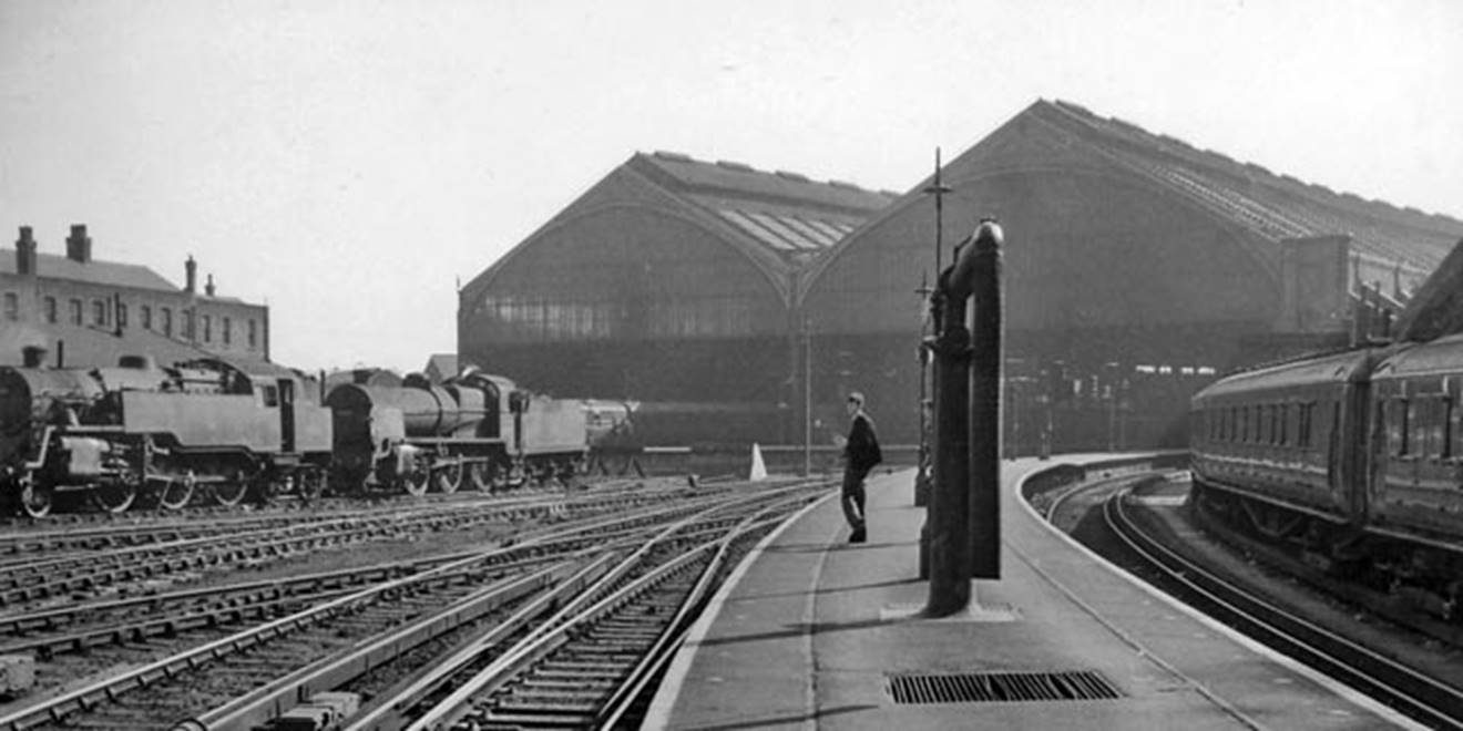 Brighton
Trainshed from platform 1 & 2 on 7th October 1962. 
Outside the locomotive depot is a BR Standard 4MT 2-6-4T and a SR Class N 2-6-0.
 Ben Brooksbank (Geograph/CC-by-SA)

